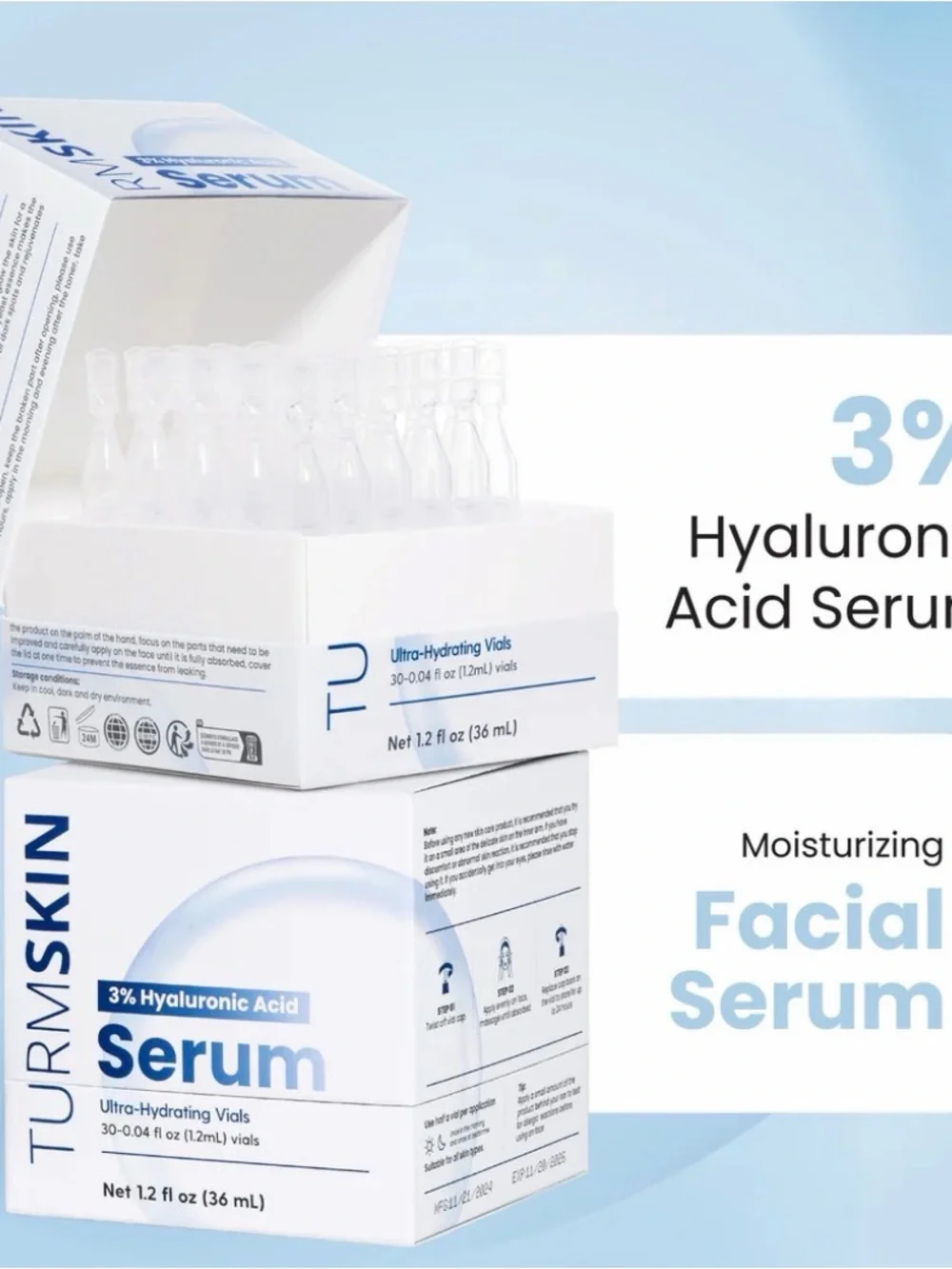 TurnSkin 3% Hyaluronic Acid Serum Vials - Hydrating Face Serum - 2 New Boxes